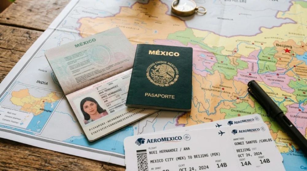 Dos pasaportes mexicanos sobre un mapa mundi y unos boletos de avión de la compañía aérea Aeroméxico